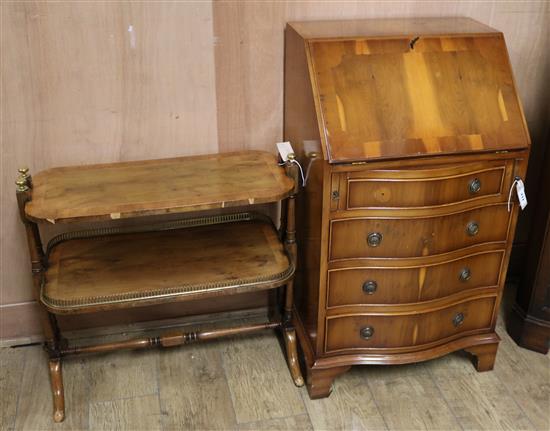 An inlaid yew two tier table and a yew bureau (2)